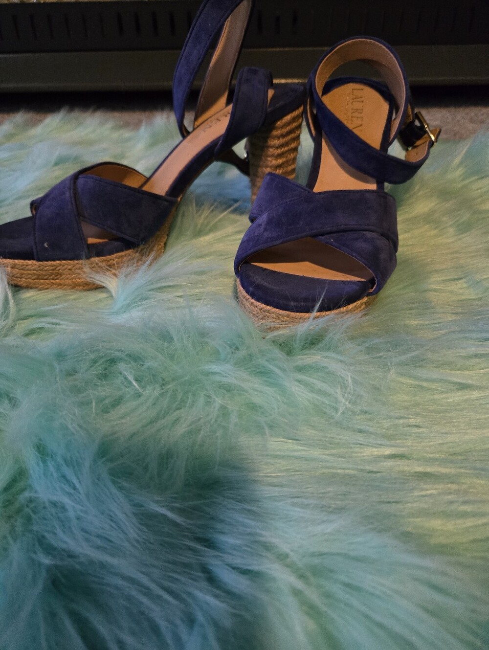 Ralph Lauren Blue Suede Crisscross Ankle Strap Espadrille Sandals - Picture 2 of 8